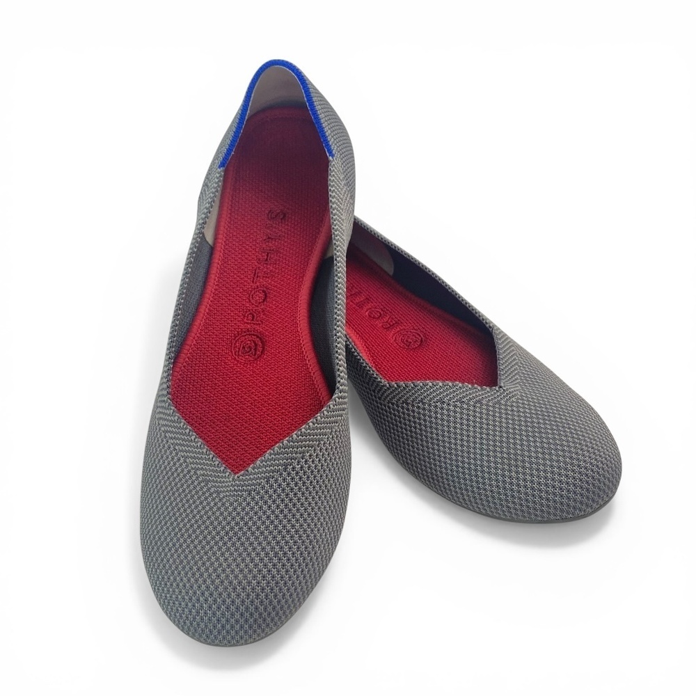 ROTHY'S The Round Toe Flat Shoes Pebble Ballet in  Gray with Blue Trim Size 8